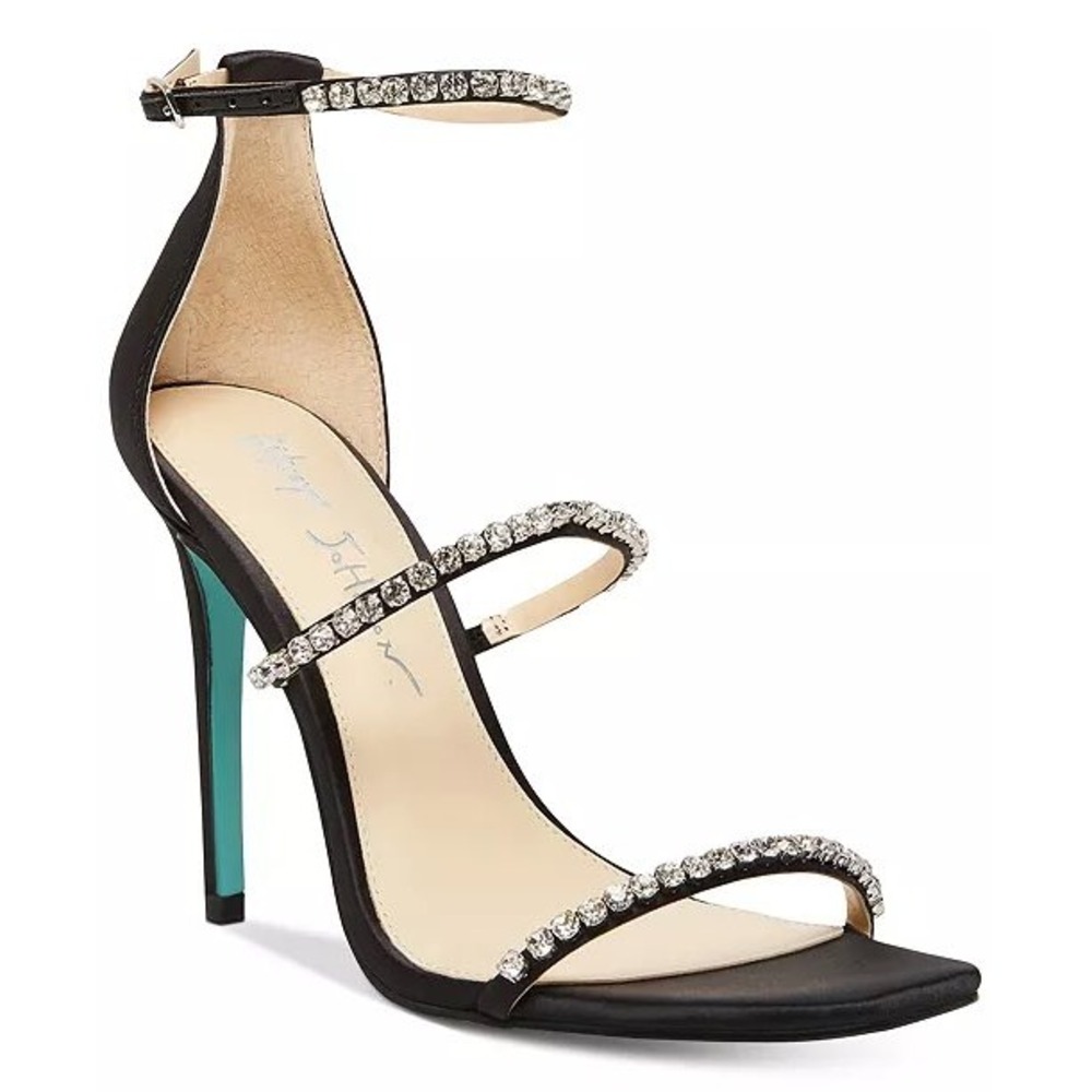 Betsey Johnson Black Strappy Crystal Ankle Strap Sandals with Teal Heel